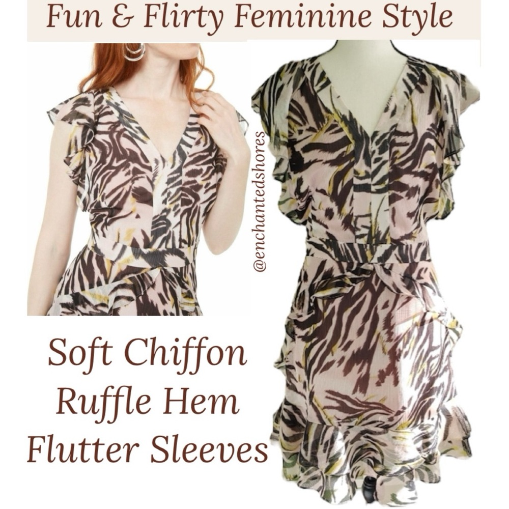 Romantic Ruffle Chiffon Dress Flutter Sleeve Pink Black Zebra Bar III Size 12